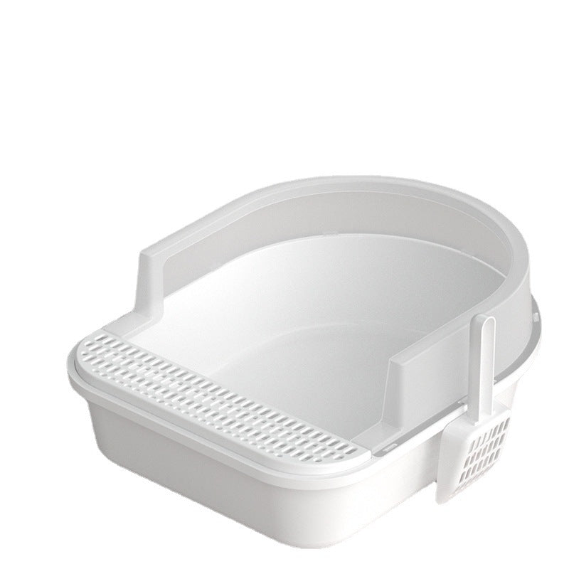 Cat using semi enclosed litter box comfortably