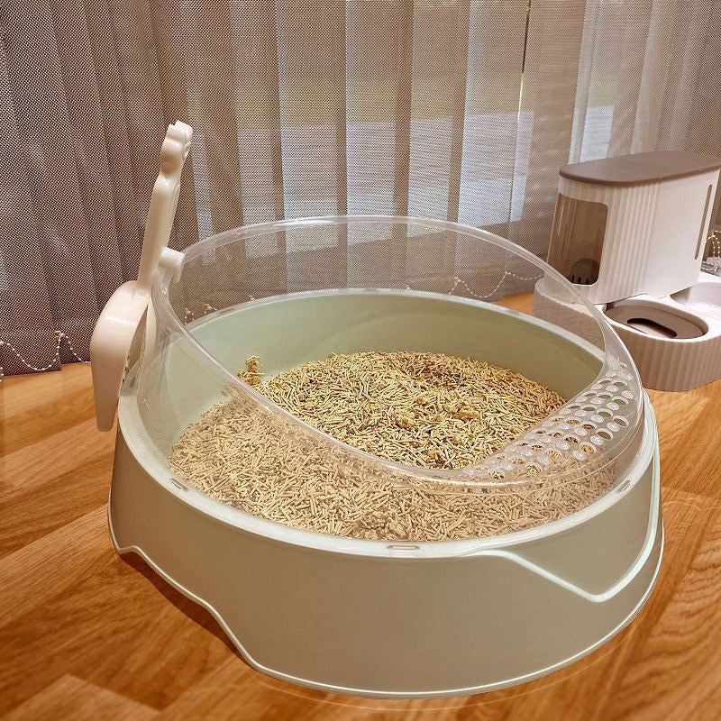Cat using semi enclosed litter box comfortably